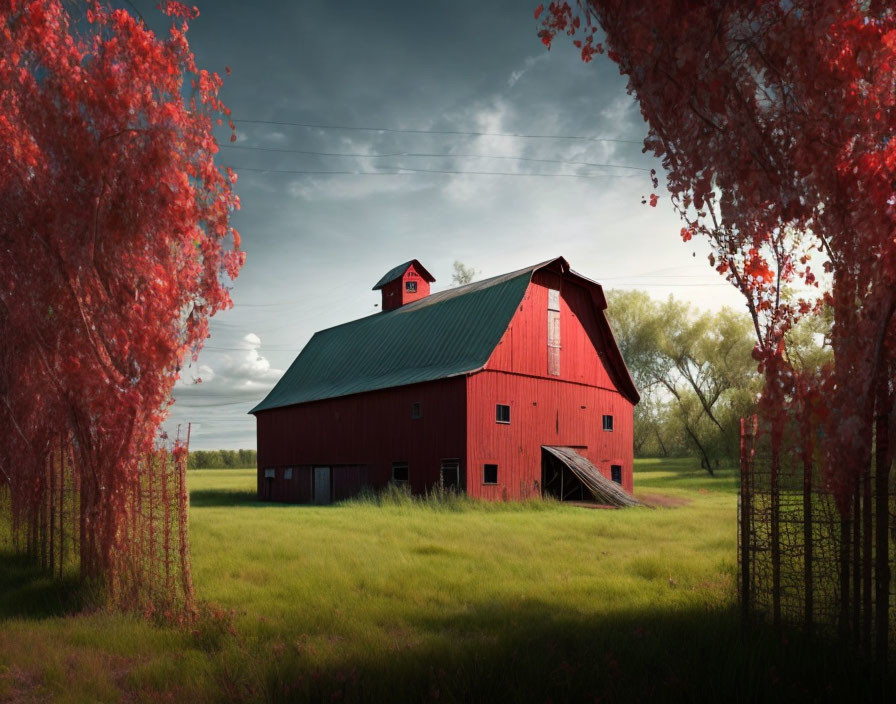 Red barn in green landscape with red trees under dynamic sky