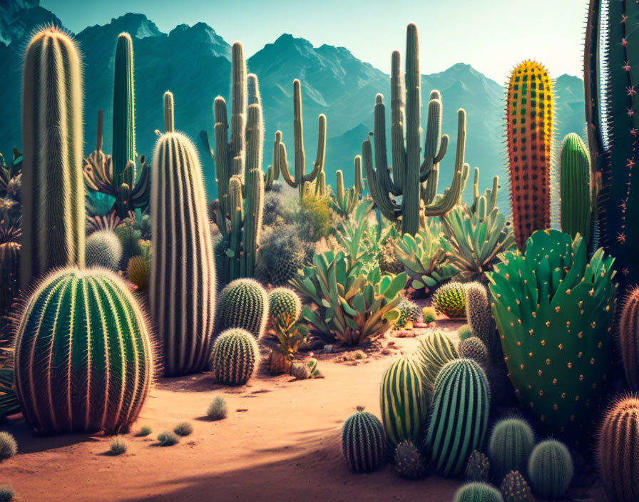 Various shapes and sizes of cacti in warm desert light