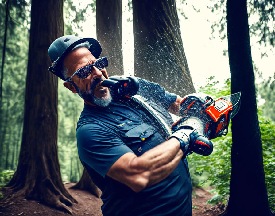 Man in safety gear cutting tree with chainsaw in forest setting