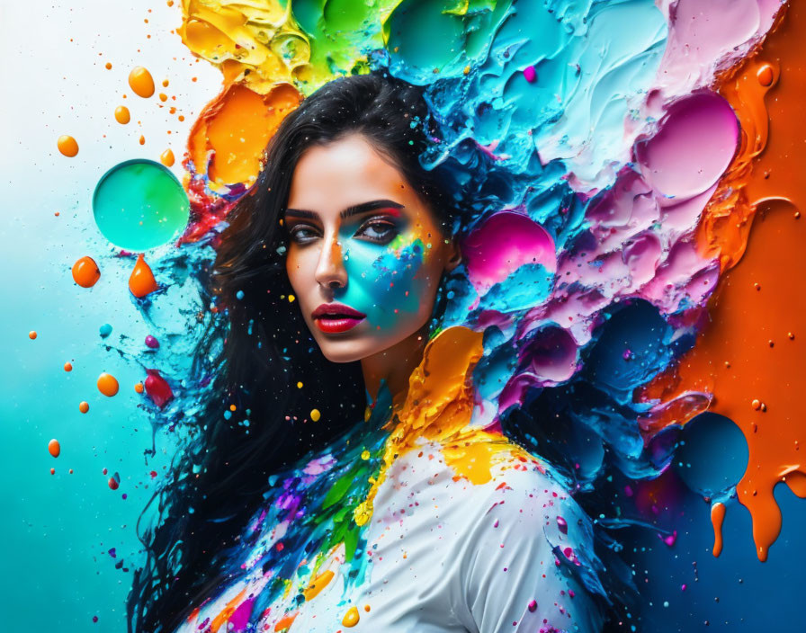 Colorful makeup on a woman in front of vibrant paint splashes on a gradient background