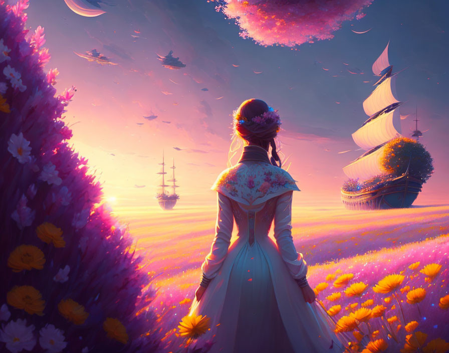 Surreal sunset sky with floating ships and vibrant flowers