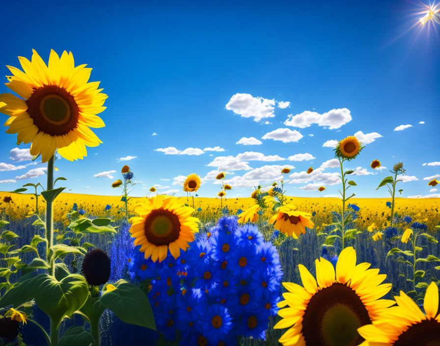 Sunflower Field Under Clear Blue Sky with Fluffy Clouds