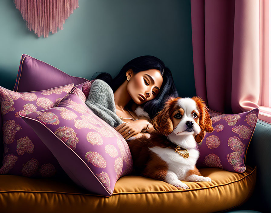 Woman napping with Cavalier King Charles Spaniel dog in cozy room.