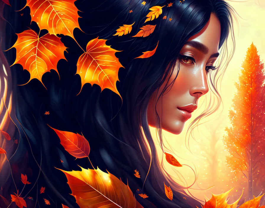 Dark-haired woman in autumnal setting with vibrant leaves and golden light