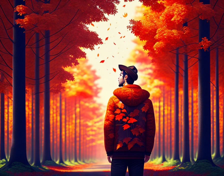 Person in autumn leaf-patterned jacket on forest path surrounded by vibrant orange leaves, gazing upwards as