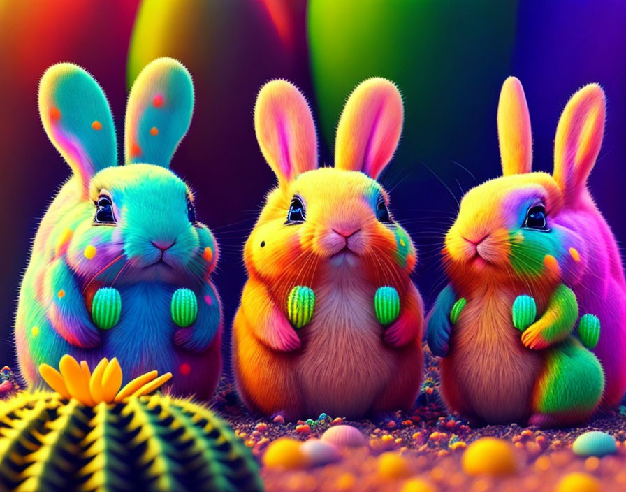 Vibrant Cartoon Rabbits Among Colorful Plants and Spheres