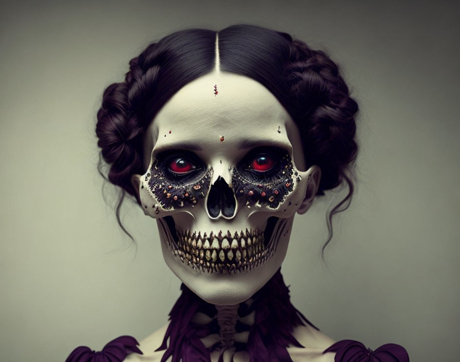 Skull makeup with black eye sockets and braided hair in purple outfit