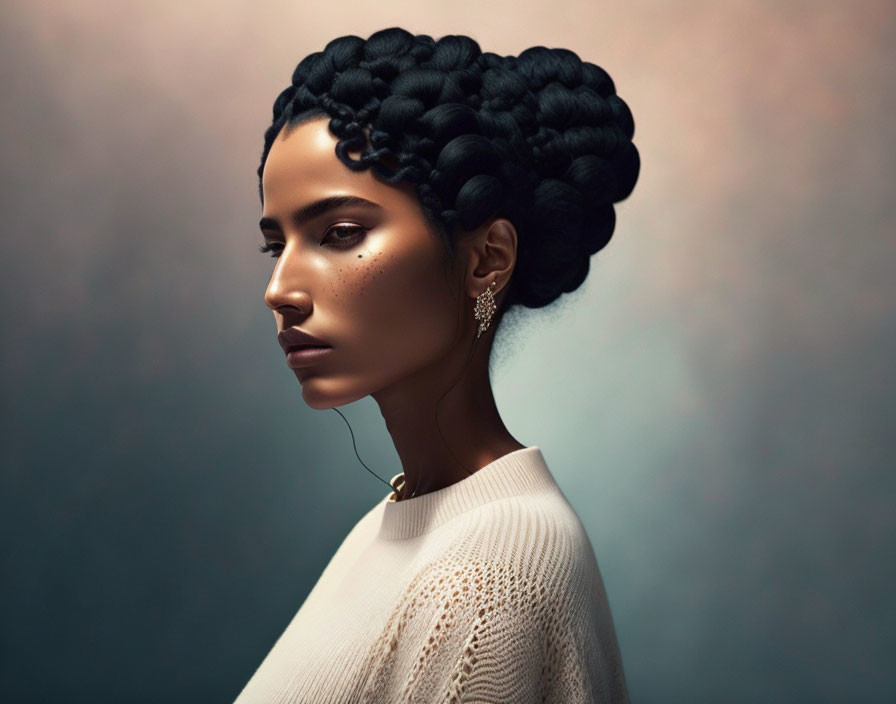 Intricately braided hair woman in white top against soft-focus background