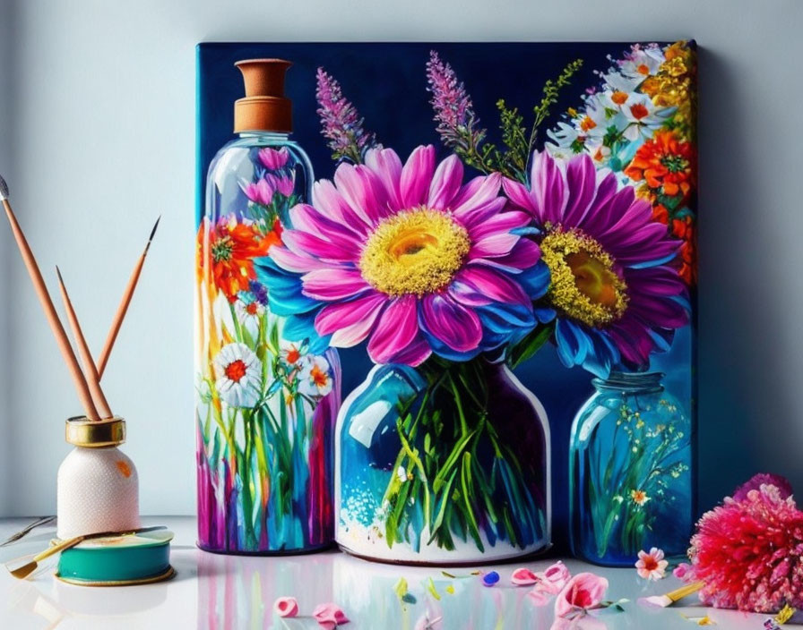 Colorful floral still life with glass jars, diffuser, and paintbrushes.