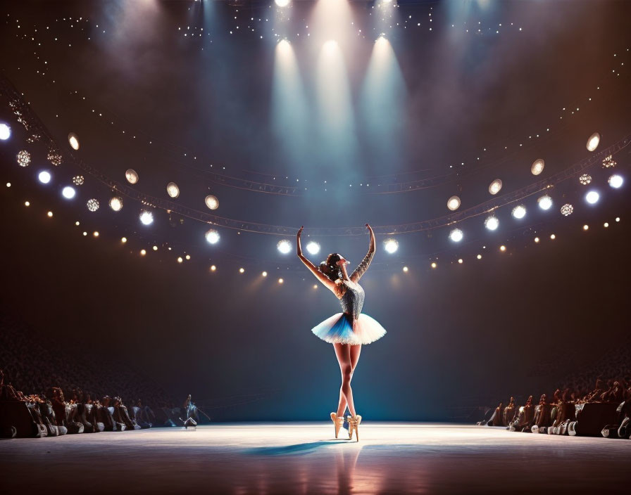 Ballet dancer on stage with spotlight and audience.