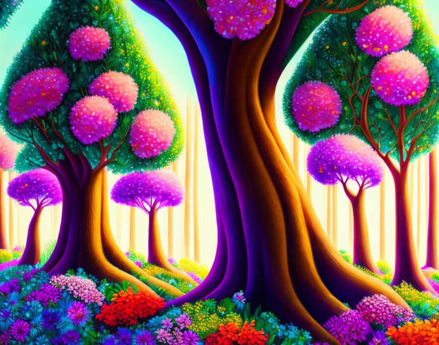 Colorful spherical tree canopies in vibrant fantasy forest