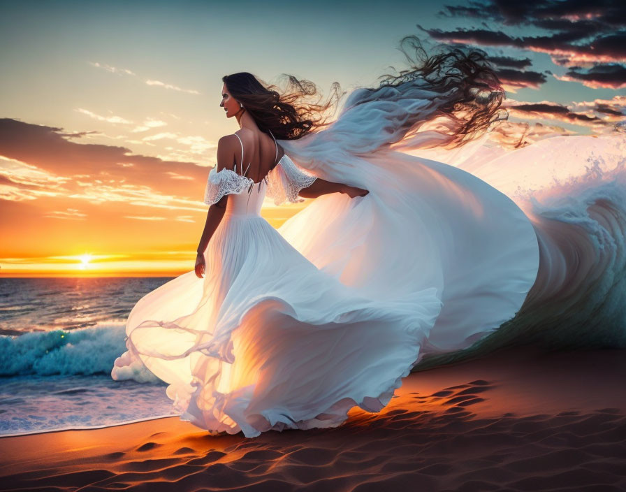 Woman in white dress on beach at sunset with ocean waves