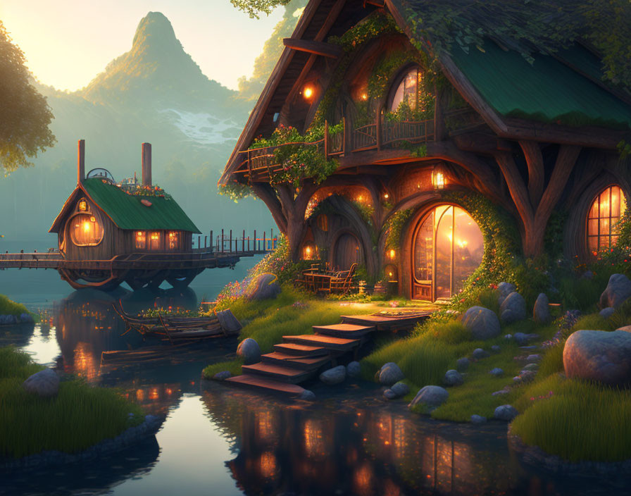 Riverside cottage at dusk: warm lights, lush greenery, wooden bridge, serene water.