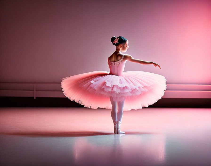 Graceful ballerina in pink tutu poses in softly lit studio