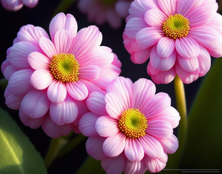 Vibrant pink daisies with yellow centers on dark background