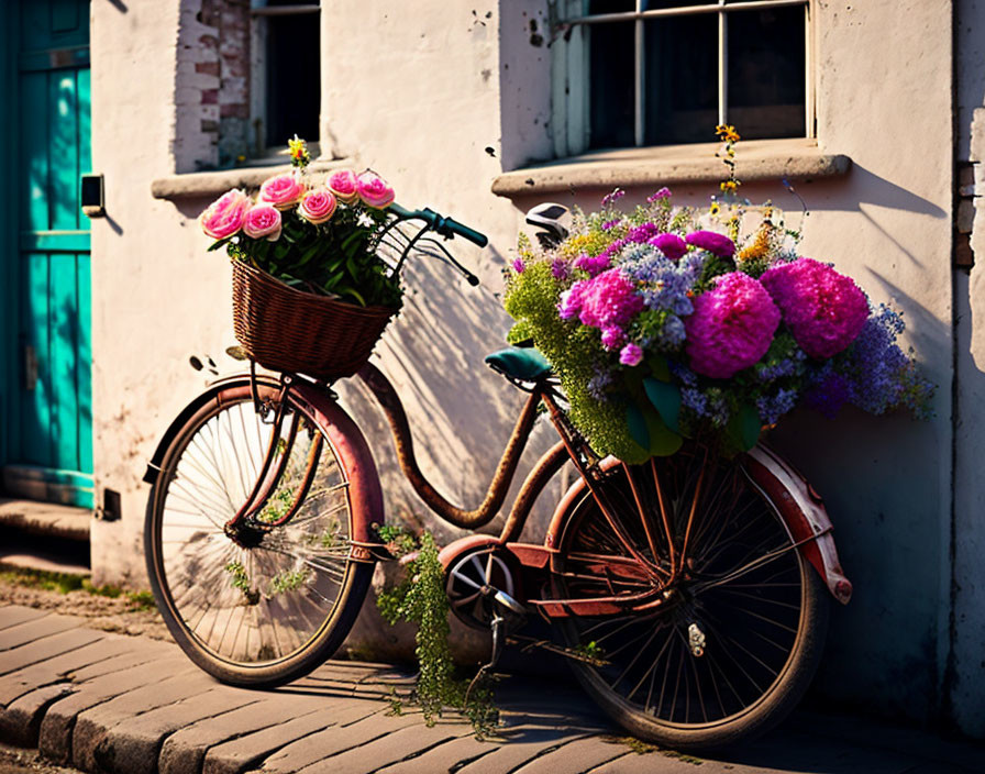 Vintage bicycles with flower baskets against rustic wall on sunny day