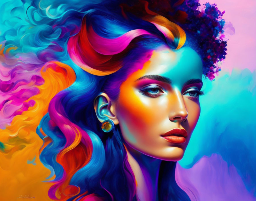 Colorful digital artwork: Woman with pink, blue, and purple hair and makeup