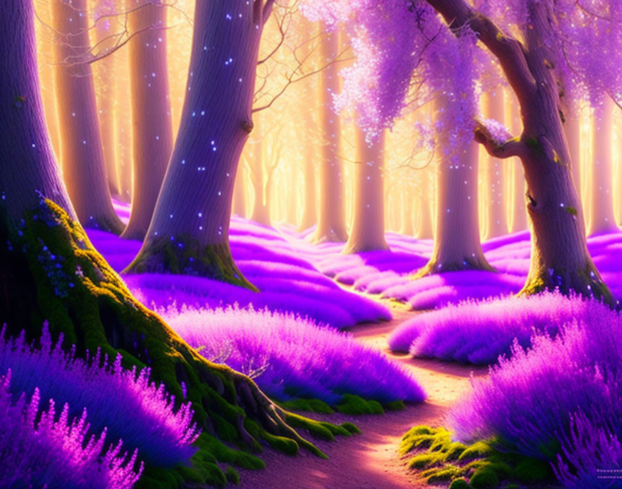 Enchanting forest with vibrant purple foliage and luminous trees