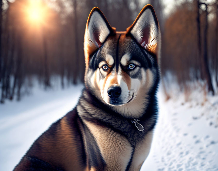 Siberian Husky with Blue Eyes in Snowy Forest at Sunset