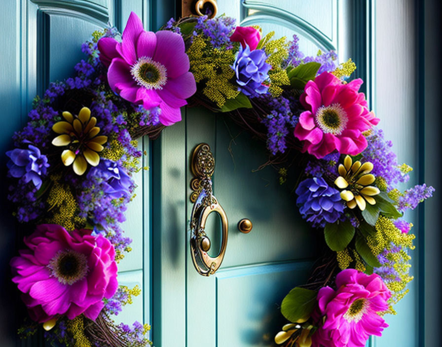 Colorful Floral Wreath on Blue Door with Brass Handle