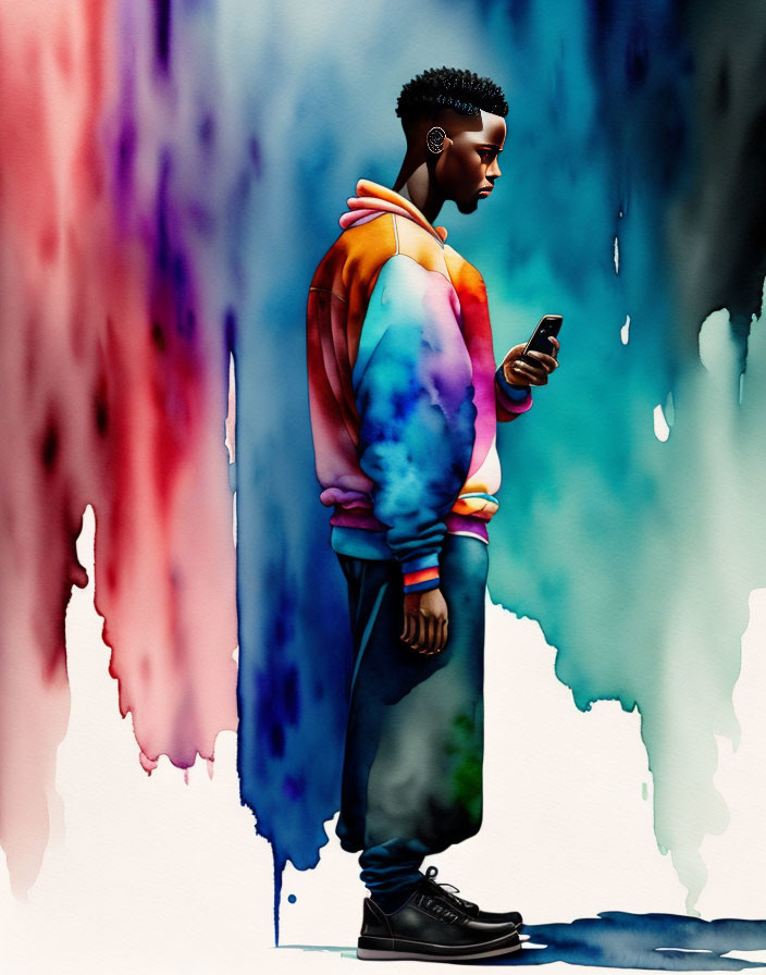 Colorful Hoodie Person Illustration Next to Dripping Paint and Smartphone