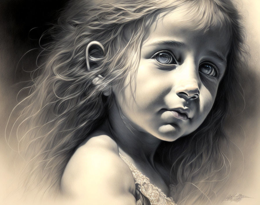 Monochrome portrait of a young girl with curly hair and expressive eyes in detailed pencil sketch style