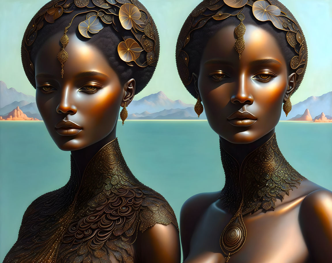 Identical twin women in ornate golden attire by serene seascape