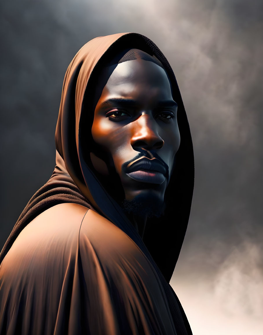 Digital artwork: Person in stern expression with hooded cloak on smoky gray background