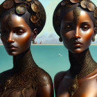 Identical twin women in ornate golden attire by serene seascape