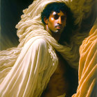 Curly-haired person wrapped in billowing cream fabric with contrast of light and shadow.