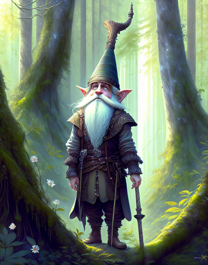 Fantasy gnome illustration in forest with staff, tall hat, and sunlight.