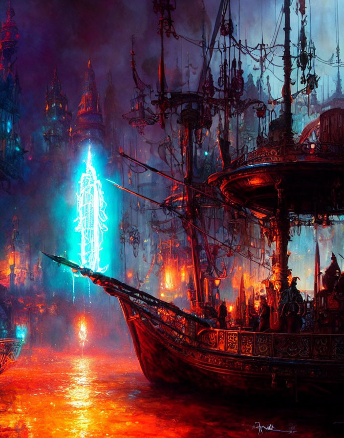 Futuristic sci-fi cityscape with neon lights and glowing figure sailing on lava waters