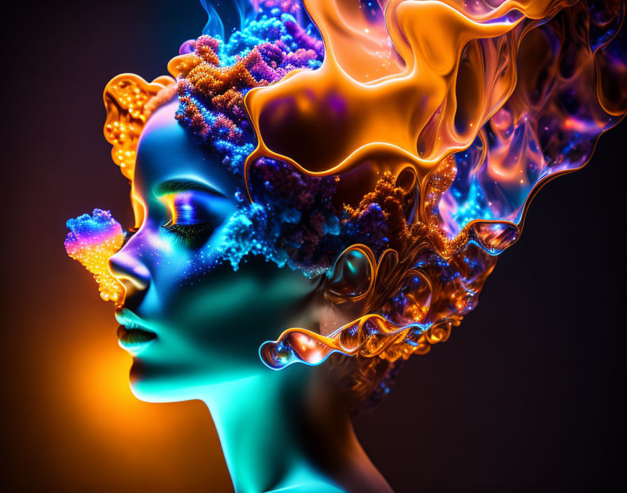 Vibrant digital artwork: Woman with fiery hair and coral-like structures