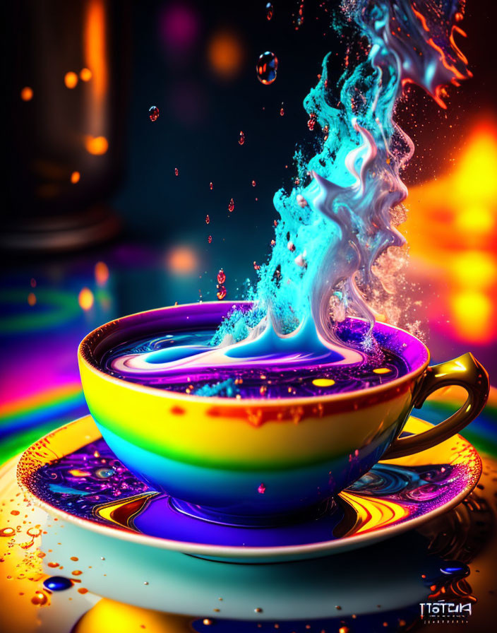 Colorful Neon-Lit Cup with Flame-Like Liquid Splash