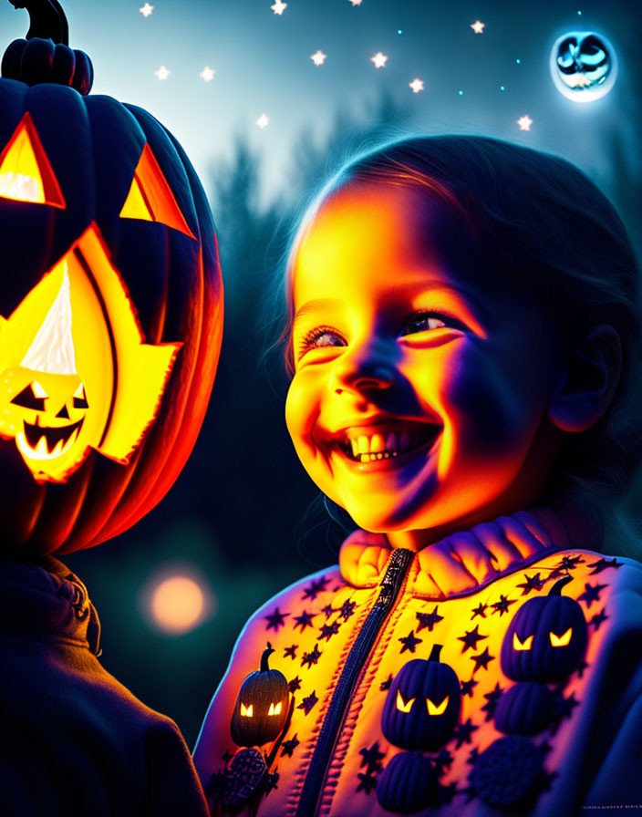 Child with glowing jack-o'-lantern on Halloween night under crescent moon