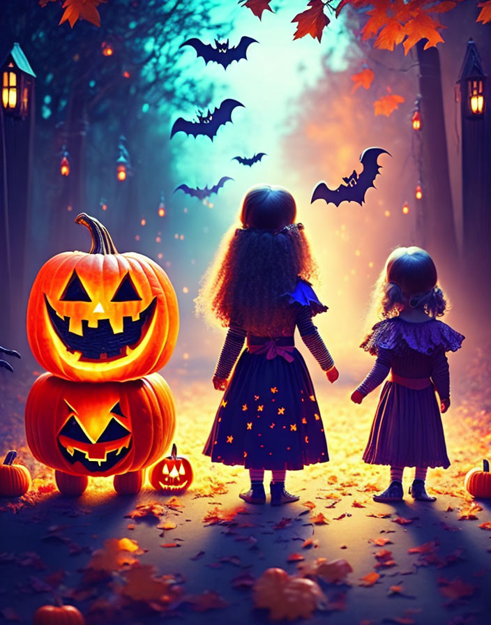 Children in costumes on misty Halloween path with pumpkins and bats