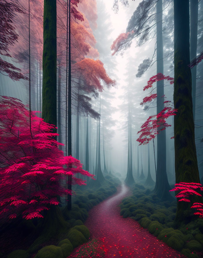 Enchanting forest path with pink foliage and majestic trees