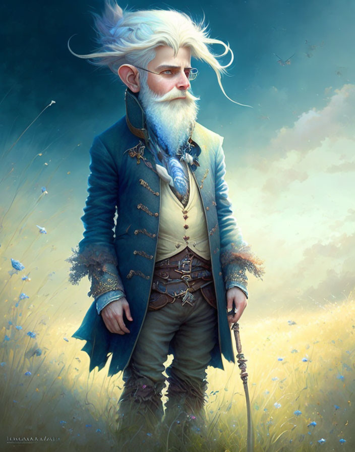 Fantasy dwarf with white beard in blue coat, holding staff in grassy field.