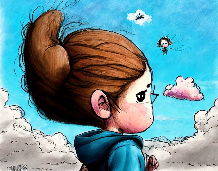 Stylized illustration of girl with large eyes and flowing hair in blue sky