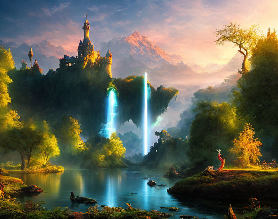 Fantasy landscape with glowing castle, waterfall portals, lush greenery, reflective river, and mystical creature