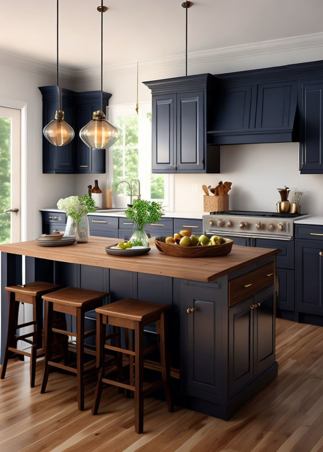 Modern kitchen with dark blue cabinets, wooden countertops, bar stools, pendant lights, and greenery.