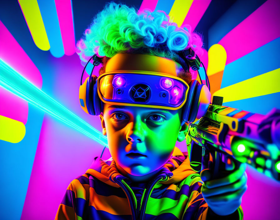 Child with neon green hair in VR headset and headphones holding futuristic toy gun in vibrant lights