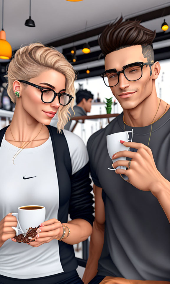 Stylish animated characters with glasses enjoying coffee in a cafe