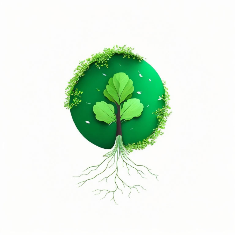 Green globe with leaves and roots symbolizing environmental consciousness.