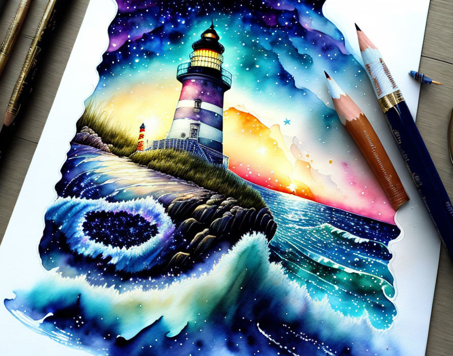 Lighthouse illustration with geode, ocean waves, and art supplies