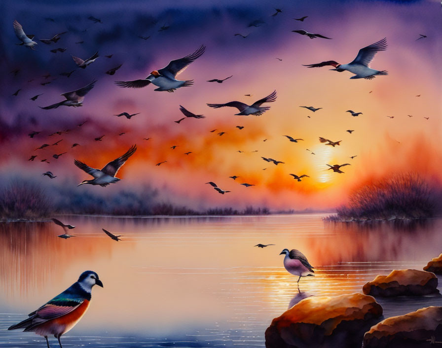 Tranquil lake at sunset with birds flying and perching on rocks