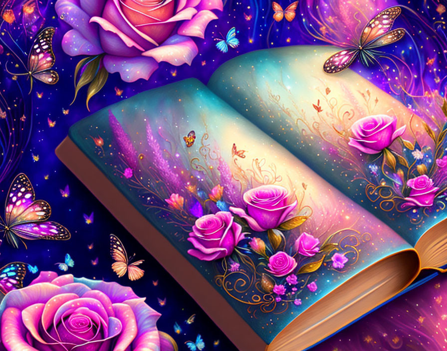 Open book with fantasy landscape in purple and blue with roses and butterflies