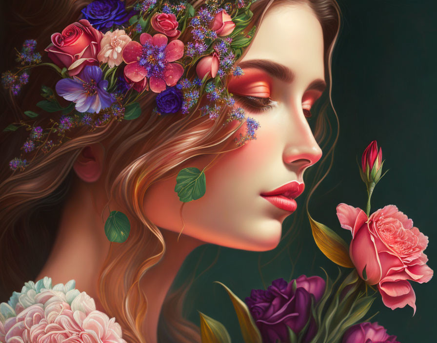 Woman with Floral Crown: Vibrant Roses and Wildflowers