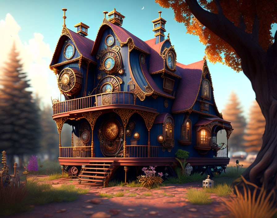 Victorian-style house with clockwork designs in autumn landscape