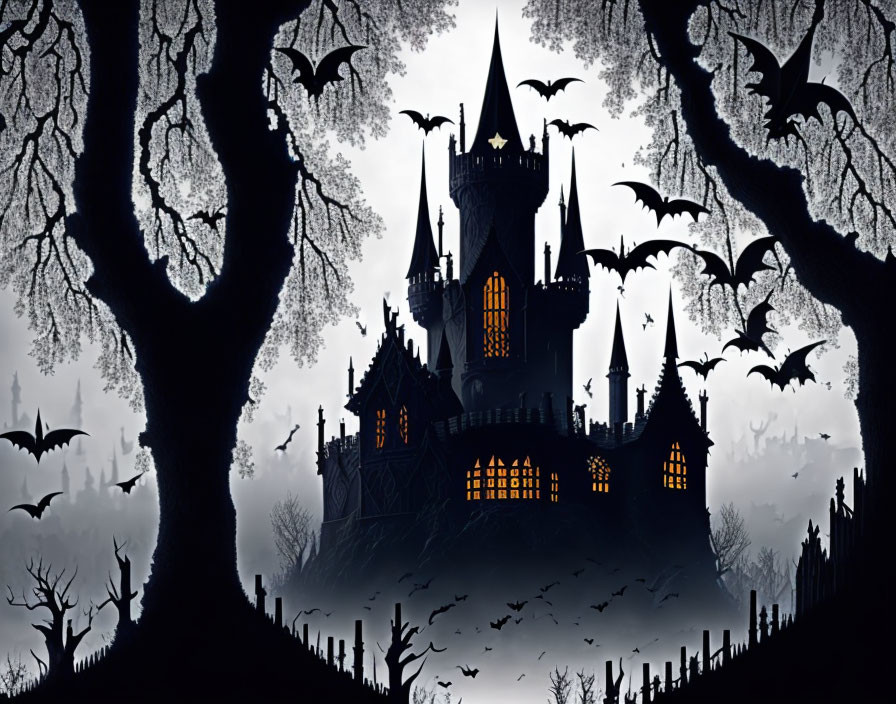 Gothic castle silhouette with bats and graveyard at dusk